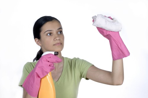 Cleaning operative reviewing service details before starting work